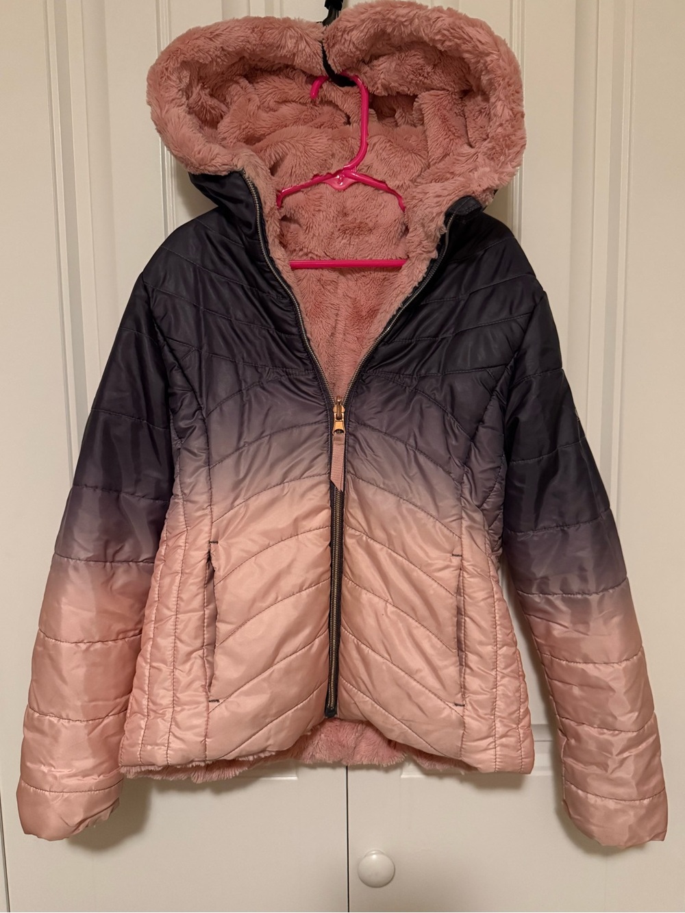 Pacific Trail Ombre Gray to Pink Hooded Puffer Jacket